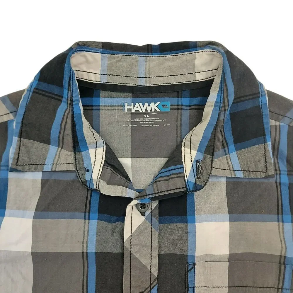 Hawk Plaid Shirt Youth XL 14-16 Gray Button Up Short Sleeve Casual